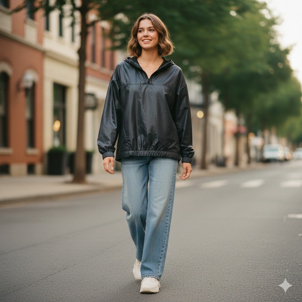 Fabletics Black Shiny Half-Zip Lightweight Hooded Anorak Jacket - Size M